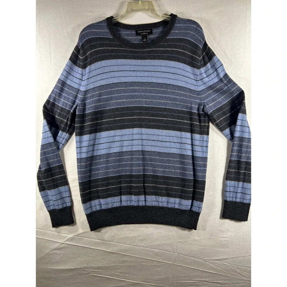 Banana Republic Mens Blue Striped‎ 100% Merino Wool Crewneck Sweater Large